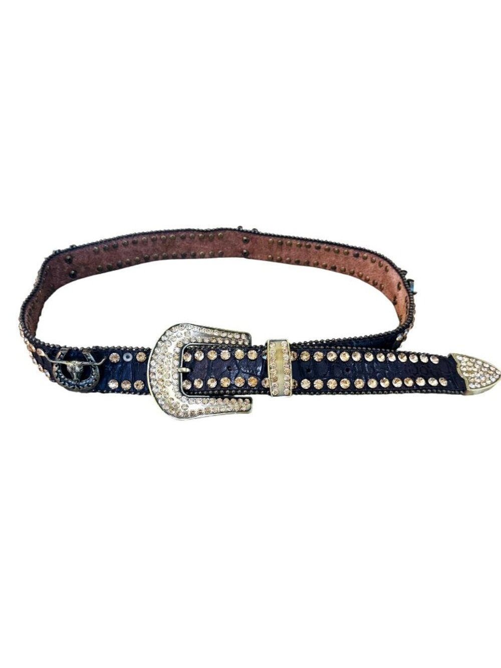 Vintage Rhinestone Studded Genuine Leather Western Belt Embellished Buckle L